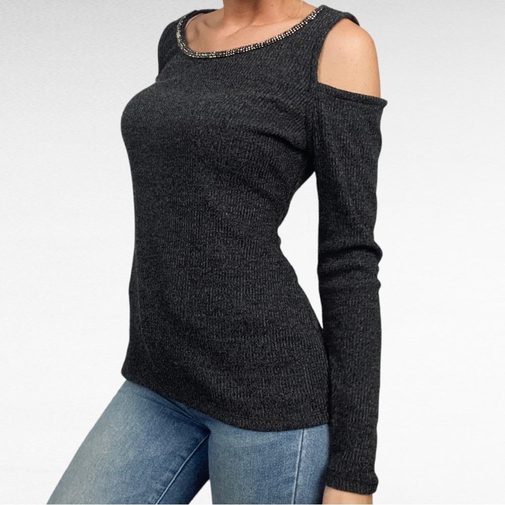 Juicy Couture | Charcoal Gray Rib Knit Cold Shoulder Rhinestone Pullover Sweater